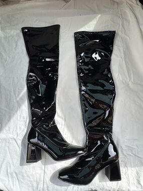 Black Patent Over-the-Knee Block Heel Boots